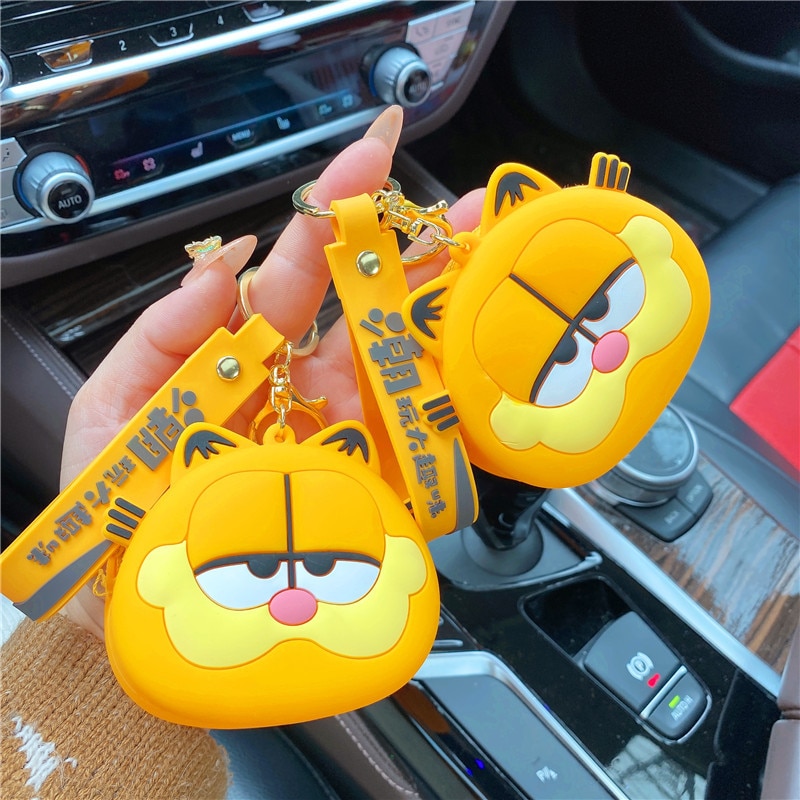 Cartoon Garfield Soft Silicone Key Chain Coin Change Purse Mini Headset Lipstick Storage Bag Couple Pendant