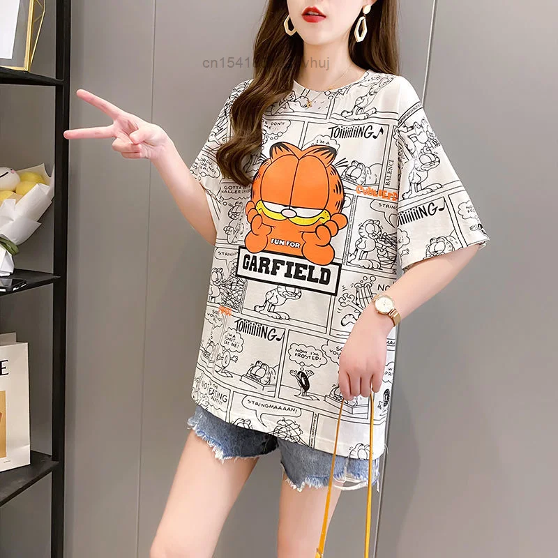 Co brand Garfield Cartoon Printed Short Sleeve T shirt Women 2023 Summer New Korean Style Loose