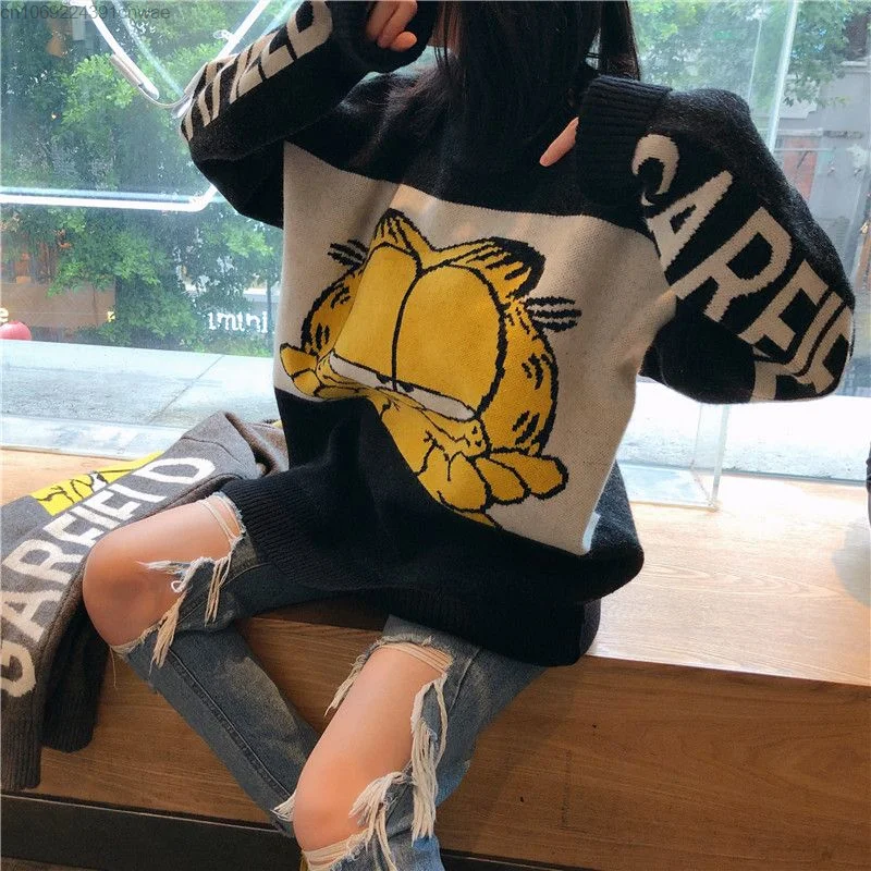 Garfield Anime Pullover Sweater Fall Winter New Korean Style Outerwear Knitwear Hip Hop Harajuku 2000s Aesthetic