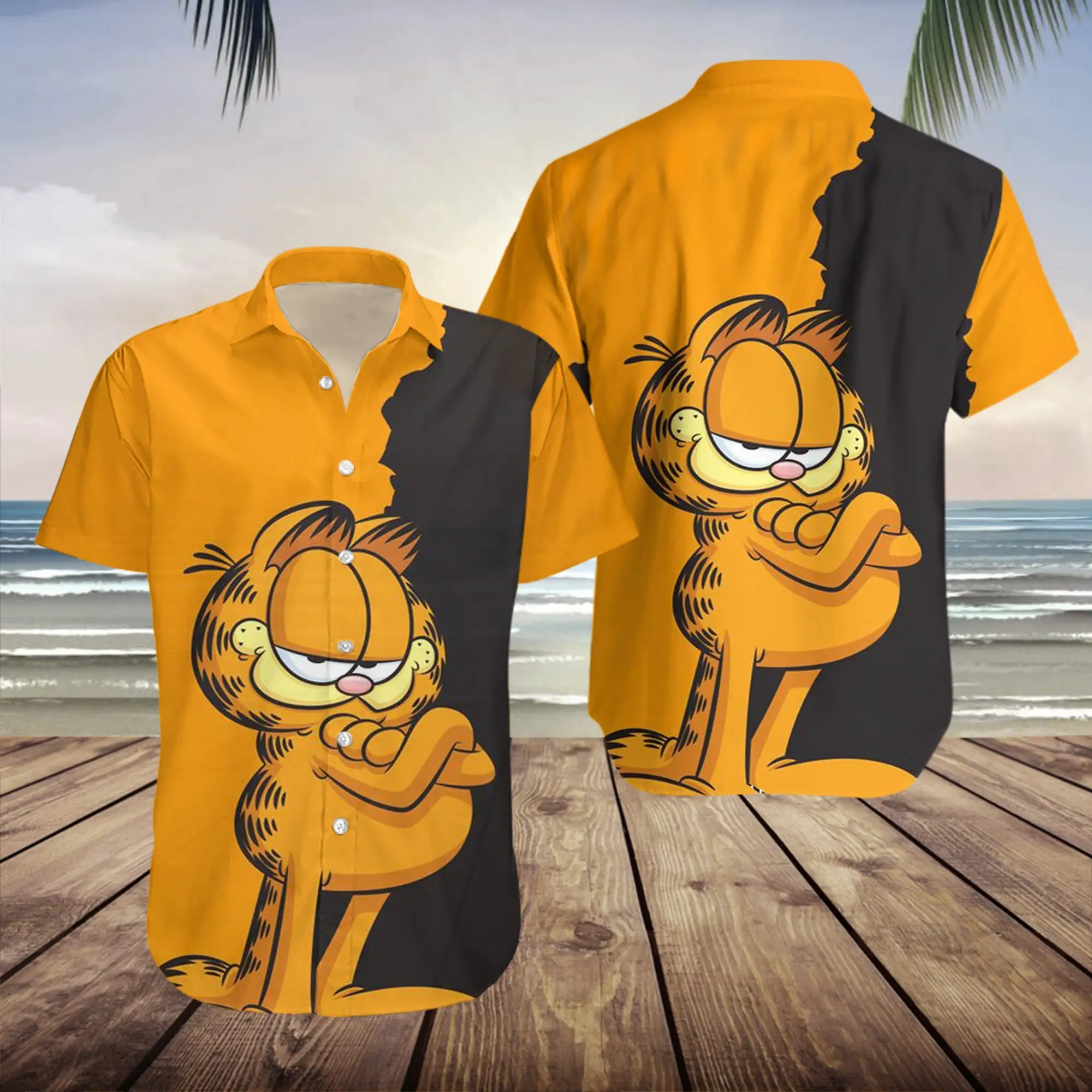 Garfield Hawaiian Shirt Men Women Short Sleeve Button Up Shirt Casual Harajuku Streetwear Garfield Beach Hawaiian
