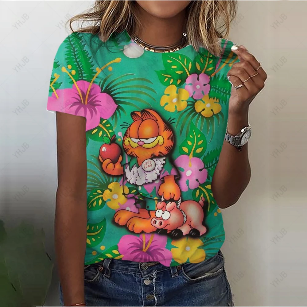 Garfield Print T Shirts for Women Summer Soft O neck Short Sleeve Cartoon Tees Female Simple