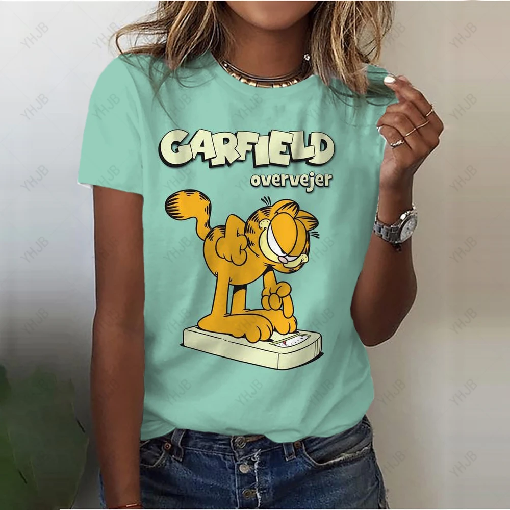 Garfield Cartoon Printed Short Sleeved T Shirt For Women S 2023 Summer New Korean Loose Fitting