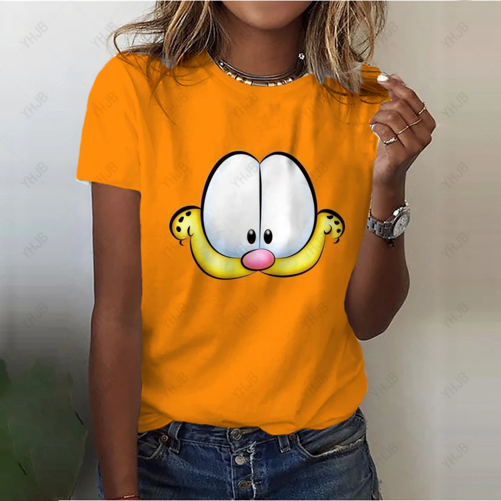 Garfield Print T Shirts for Women Summer Soft O neck Short Sleeve Cartoon Tees Female Simple