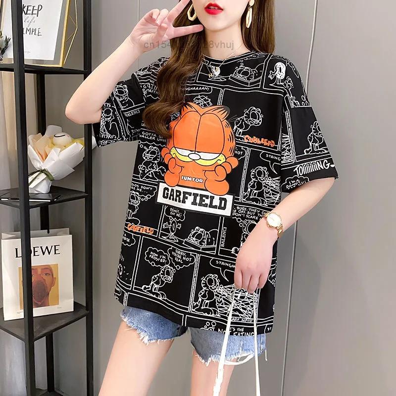Co brand Garfield Cartoon Printed Short Sleeve T shirt Women 2023 Summer New Korean Style Loose