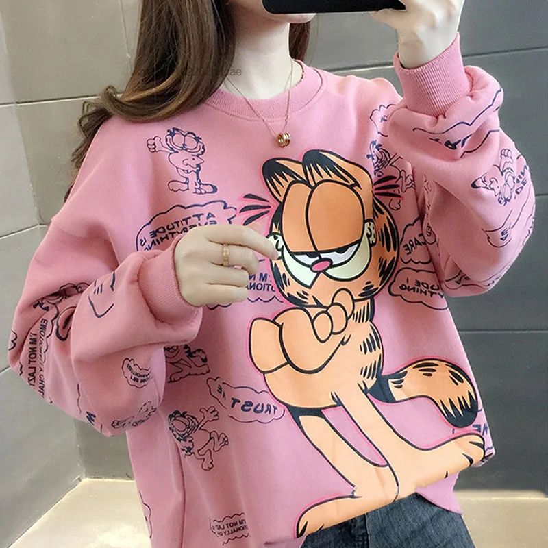Garfield Cute Animal Jumper Sweatshirt Ladies Kawaii Cartoon Cat Graphic Korean Thin Oversize Top Trendch 90s